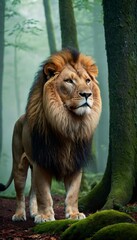 fantasy lion in a misty forest. Ai generated image