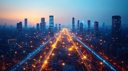 Fototapeta premium A futuristic cityscape at twilight, with glowing neon communication lines connecting advanced highways, smart trains, and sleek glass skyscrapers.