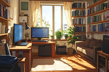 Fototapeta premium Cozy workspace with bookshelves, computer, and plants, illuminated by natural light.