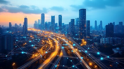 Fototapeta premium A futuristic cityscape at twilight, with glowing neon communication lines connecting advanced highways, smart trains, and sleek glass skyscrapers.