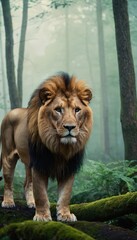 Obraz premium fantasy lion in a misty forest. Ai generated image