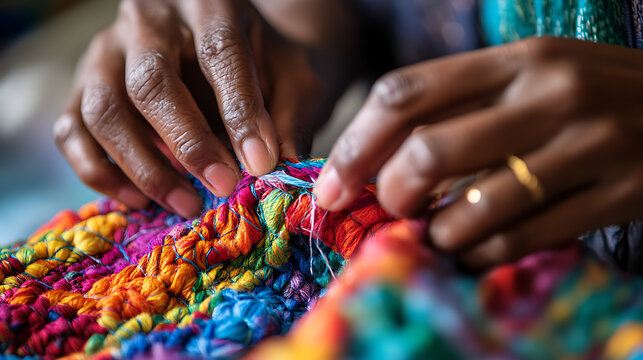 A close-up of hands stitching together pieces of fabric made from recycled plastics showcasing craftsmanship in sustainable fashion