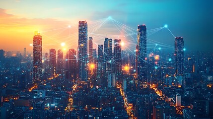 Obraz premium A futuristic cityscape with towering high-rise buildings connected by illuminated lines representing wireless communication networks.