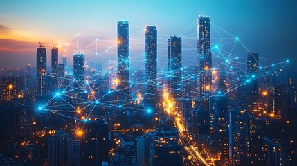 Fototapeta premium A futuristic cityscape with towering high-rise buildings connected by illuminated lines representing wireless communication networks.
