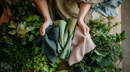 A fashion designer holding up fabric swatches of natural dyes and sustainable materials with their studio filled with greenery and sustainable design elements