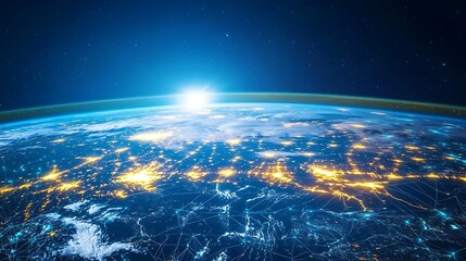 Obraz premium A futuristic global city viewed from space, where illuminated data streams flow between continents, creating a glowing network of digital connectivity. The Earth pulses with vibrant energy,