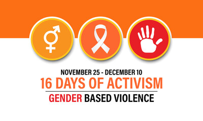 16 Days of Activism are observed to raise awareness of gender-based violence During the month of November 25 through December 10. Banner poster, flyer and background design template. Vector.