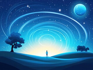 Naklejka premium A serene landscape with a person gazing at swirling stars and a bright moon, evoking a sense of wonder and tranquility.
