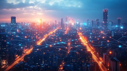 Fototapeta premium A futuristic urban center illuminated by a web of interconnected digital networks, with glowing data lines linking smart buildings and roads. The city’s skyline shines with vibrant neon colors,