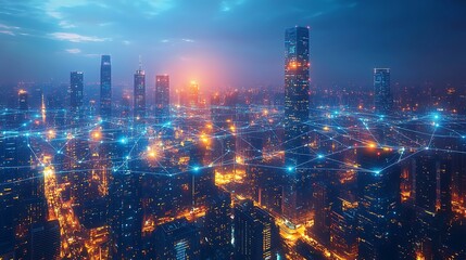 Fototapeta premium A futuristic urban landscape at night, with illuminated lines of wireless connectivity linking towering high-rises. The neon-lit communication lines create a seamless network across the cityscape,