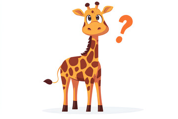 Fototapeta premium A cartoon giraffe looking curiously with a question mark nearby.
