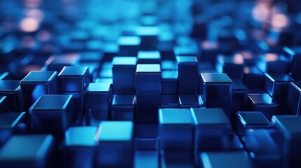 Obraz premium Abstract background of blue metallic cubes with a shallow depth of field.