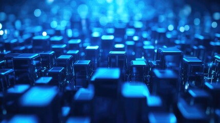 Abstract 3D rendering of blue cubes with a blurred background and bokeh lights.