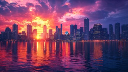Obraz premium Cityscape Sunset Reflection in Water