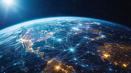 Obraz premium A global data city seen from orbit, with continents interconnected by bright neon lines representing data and communication networks. The streams of digital energy form a web across the planet,
