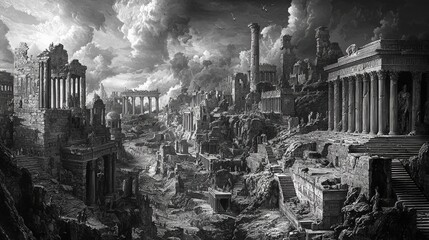 Ruins of an Ancient City  Black and White Dramatic Sky  Stone Architecture   Pillars   Staircases