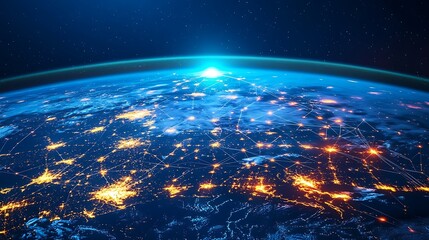 Obraz premium A global metropolis viewed from space at night, with interconnected neon data streams flowing between continents and cities. The glowing web of communication creates a network of energy,