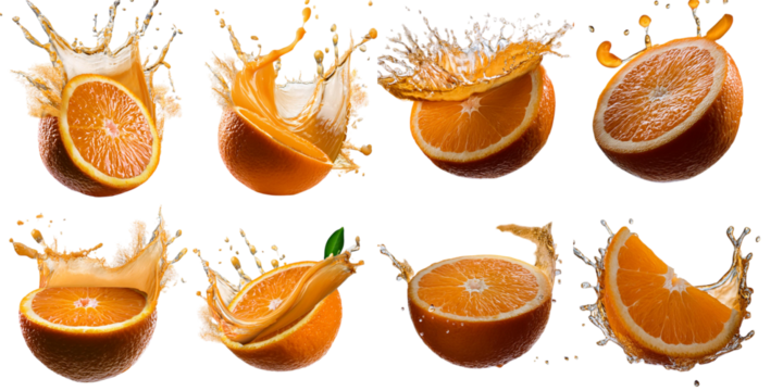 Orange halves with dynamic juice splashes in various stages of motion isolated on transparent background