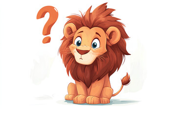 A cute cartoon lion with a questioning expression, surrounded by a question mark.