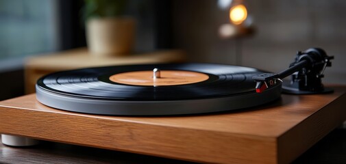 A close-up of a vintage record player showcasing a spinning vinyl record on a wooden stand.