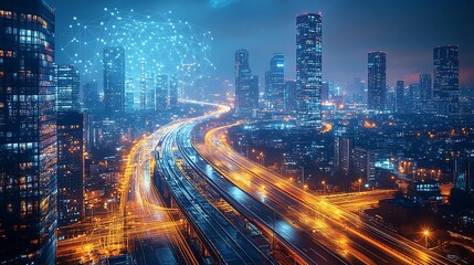 Fototapeta premium A high-tech city at night, with glowing communication networks visibly linking highways, train routes, and skyscrapers. The vibrant neon lines create a digital web across the metropolis,