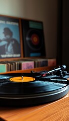 Obraz premium A close-up of a vintage record player with an LP, showcasing a nostalgic music experience in a cozy setting.