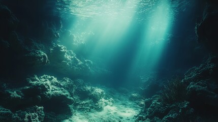 Obraz premium Underwater Scene with Sunlight Rays and Coral Reefs