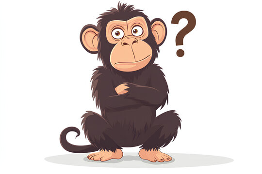 A cartoon monkey with a curious expression, sitting and pondering.