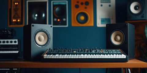 Obraz premium A modern music studio setup featuring a synthesizer and loudspeakers against a colorful wall of audio equipment.