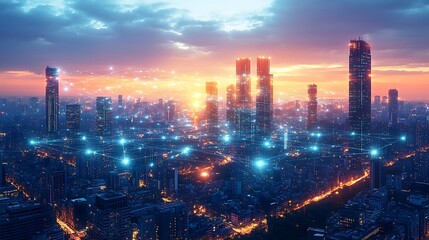 Fototapeta premium A modern city at twilight, with pulsing neon data streams visibly connecting homes, mobile devices, and businesses. The skyline reflects the glow of the digital network,