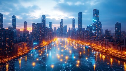 Obraz premium A modern city at twilight, with pulsing neon data streams visibly connecting homes, mobile devices, and businesses. The skyline reflects the glow of the digital network,