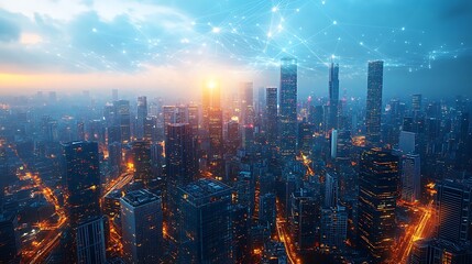 Fototapeta premium A modern city seen from above, glowing with data cables and wireless signals connecting skyscrapers, roads, and digital infrastructure.