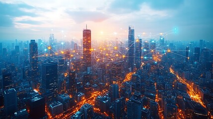 A modern city seen from above, glowing with data cables and wireless signals connecting skyscrapers, roads, and digital infrastructure.
