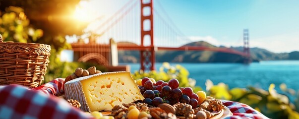 A scenic picnic featuring cheese and fruits with the Golden Gate Bridge in the background, perfect for outdoor gatherings.