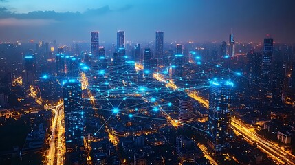 Obraz premium A modern city seen from above, with glowing blue and green lines representing digital networks connecting every building and road. The illuminated pathways create a web of data flow through the city,