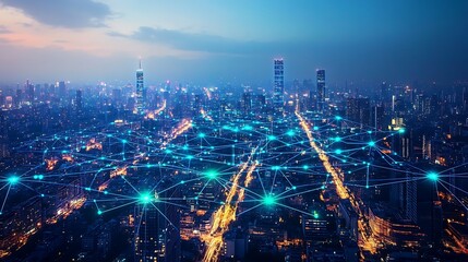 Fototapeta premium A modern city seen from above, with glowing blue and green lines representing digital networks connecting every building and road. The illuminated pathways create a web of data flow through the city,