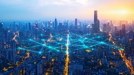 Fototapeta premium A modern city seen from above, with glowing blue and green lines representing digital networks connecting every building and road. The illuminated pathways create a web of data flow through the city,