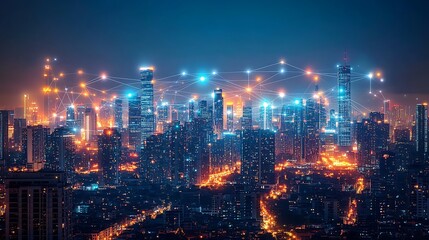 Fototapeta premium A modern city skyline glowing with vibrant neon lights as interconnected high-rises are linked by digital communication lines symbolizing cloud networks and wireless connectivity.