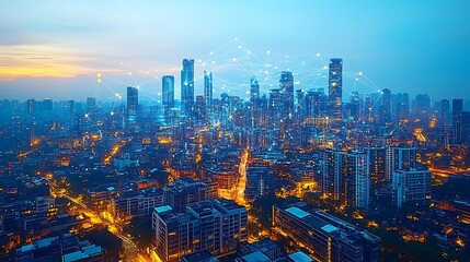 Obraz premium A modern cityscape illuminated by visible data streams flowing between homes, mobile devices, and office buildings.