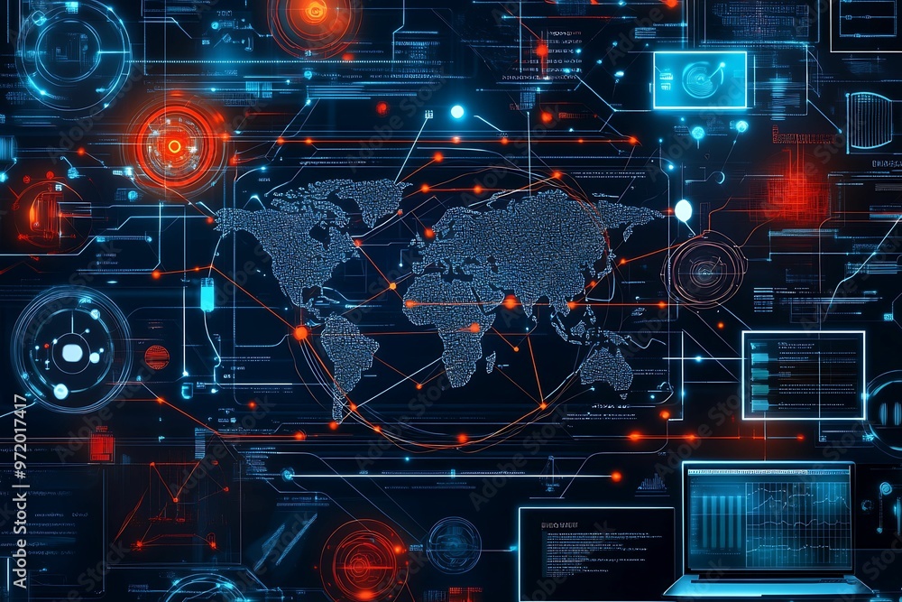 Poster Data Flow Over World Map Digital World Map with Network Connections and Technology Elements Tech Driven World Interface