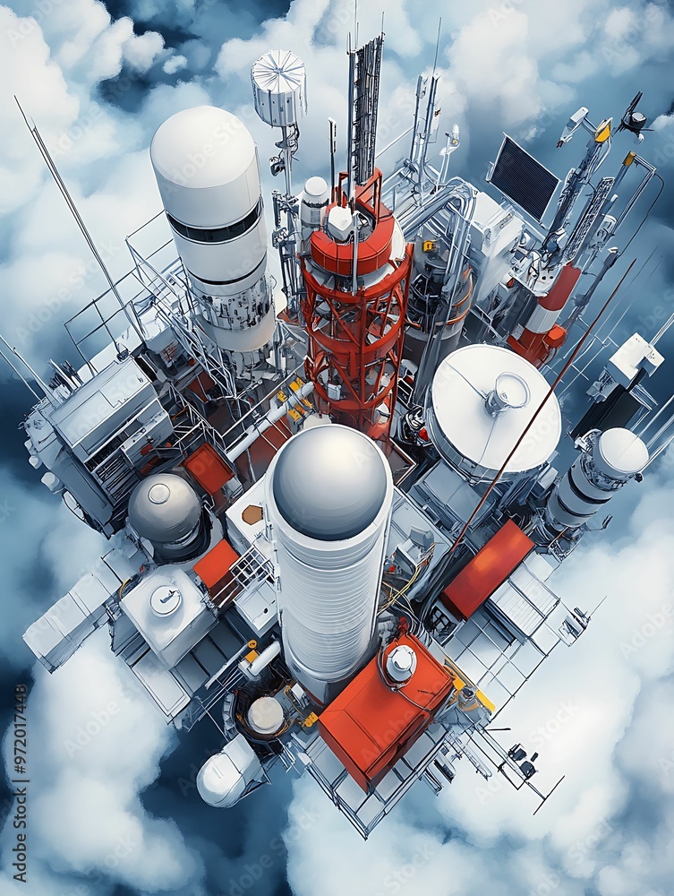Poster ethereal aerial view of transcendent global telecommunication devices in soft watercolor style with 