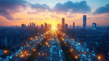 Fototapeta premium A modern metropolis at twilight, with glowing data streams connecting every road, building, and transportation network. The digital lines form a complex web of communication,