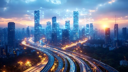 Fototapeta premium A modern metropolis glowing with interconnected data lines, connecting high-tech highways, smart trains, and towering skyscrapers.