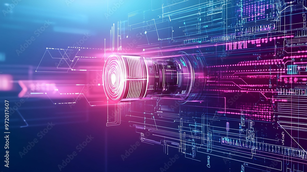 Poster futuristic telecommunication devices transmitting data streams in tilt perspective doodle style on p