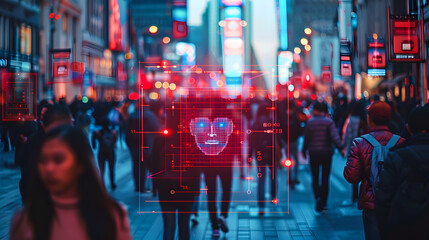 Surveillance camera capturing a crowded pedestrian zone, software interface tagging faces with personal IDs