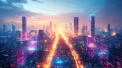 Fototapeta premium A neon-lit cyber city, with bright data pathways glowing between high-rise buildings and advanced transportation hubs. The reflections on glass structures enhance the vibrant glow,
