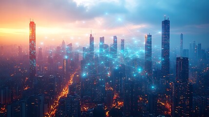 Fototapeta premium A skyline dominated by tall, sleek high-rises connected by glowing communication lines representing cloud networks and wireless connectivity. The city is illuminated by vibrant neon lights,