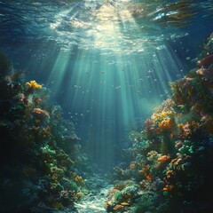 Fototapeta premium Underwater Coral Reef Scene with Sunbeams and Fish