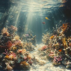 Underwater Coral Reef with Sunlight and Fish