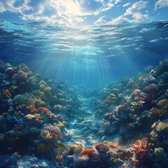 Obraz premium Underwater Coral Reef Scene With Sunbeams